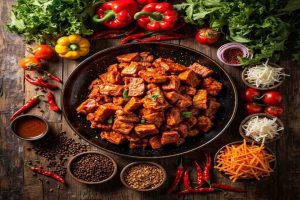 popular Sichuan cuisine ingredients flat lay