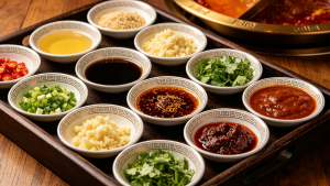 Classic divided Yuanyang pot for Sichuan Hot Pot, with spicy mala side and mild side, plus dipping sauces