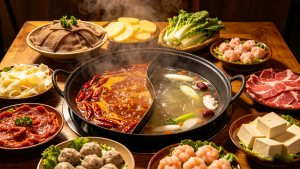 Colorful spread of authentic Sichuan Hot Pot featuring a central pot of rich mala broth and fresh ingredients