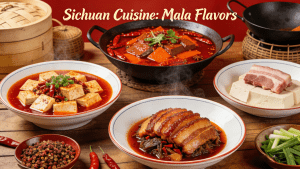 A vibrant spread of authentic Sichuan cuisine dishes with mala flavors