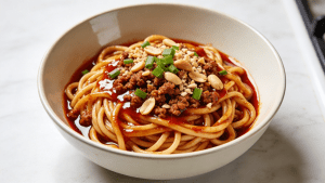 Authentic Sichuan Dan Dan Noodles in a white bowl, topped with spicy ground pork, sesame sauce, and chopped peanuts.