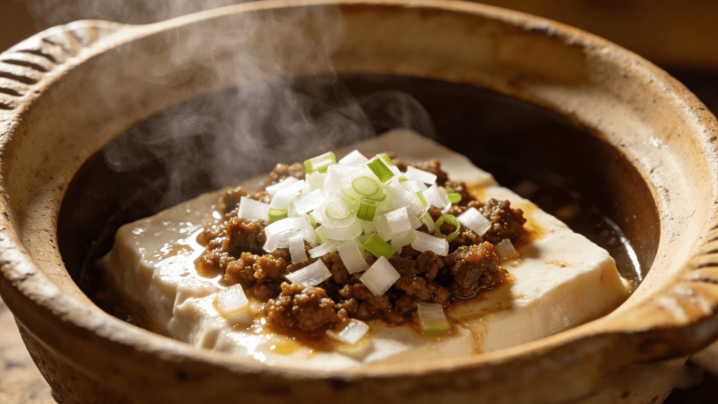 Key ingredients for Mapo Tofu: doubanjiang, Sichuan peppercorns, tofu and minced pork