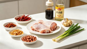 Key ingredients for authentic Kung Pao Chicken, including chicken, dried chilies, Sichuan peppercorns, peanuts