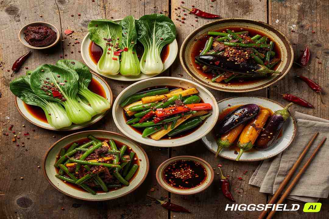 Best Sichuan Vegetable Recipes: Easy Home Cooking Guide 4 Sichuan vegetable pantry with peppercorns, doubanjiang, chilies, vinegar, and aromatics