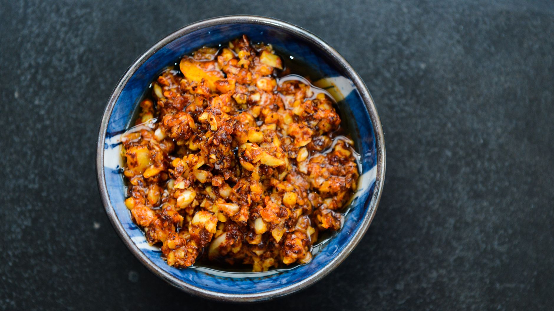 Sichuan garlic sauce finished bowl with minced garlic