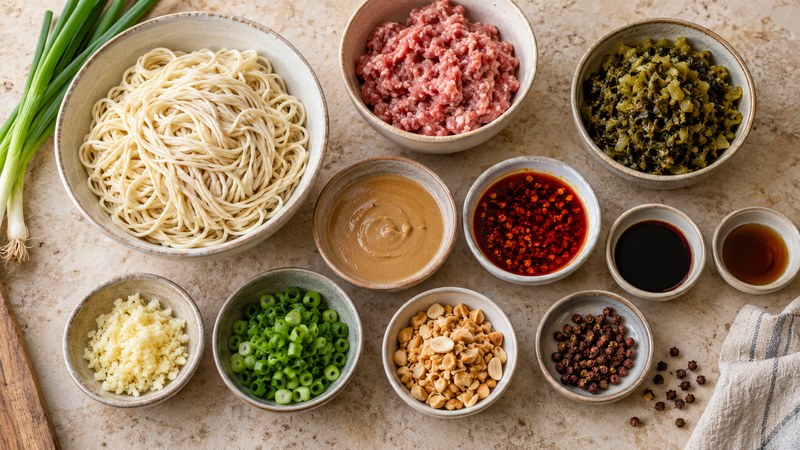 Wheat noodles ground pork preserved greens and sauce ingredients arranged on a kitchen counter