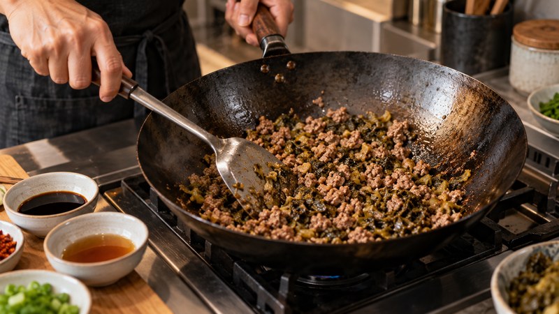 Cook stirring browned ground pork and preserved greens in a wok