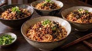 Four bowls of Dan Dan noodles topped with pork scallions and chile oil