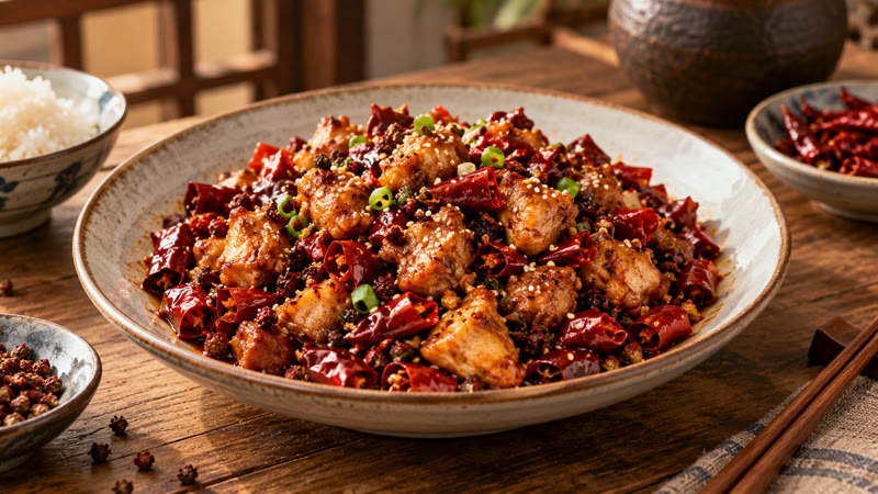 A finished bowl of Sichuan spicy diced rabbit with dried chilies and Sichuan peppercorns
