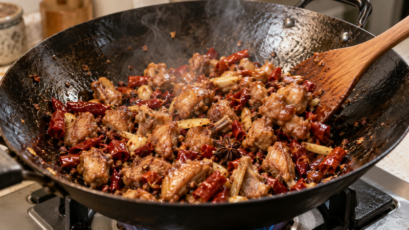 Rabbit pieces being stir-fried in a wok with dried chilies, Sichuan peppercorns, and aromatics