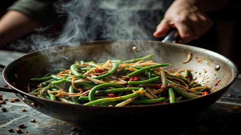 Dry-Fried Green Beans: Sichuan Recipe and Home Cooking Tips 2 Green beans and pork being stir-fried in a wok