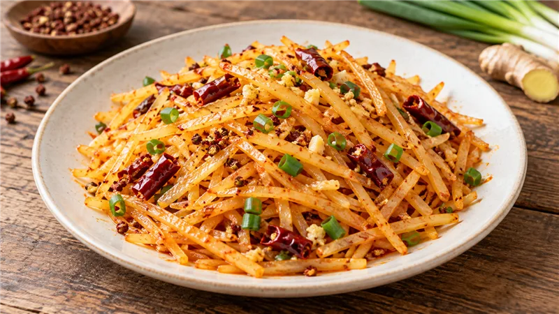 Hot And Sour Shredded Potatoes: Sichuan Recipe and Tips 1 Thin hot and sour potato strips with dried chilies and scallions