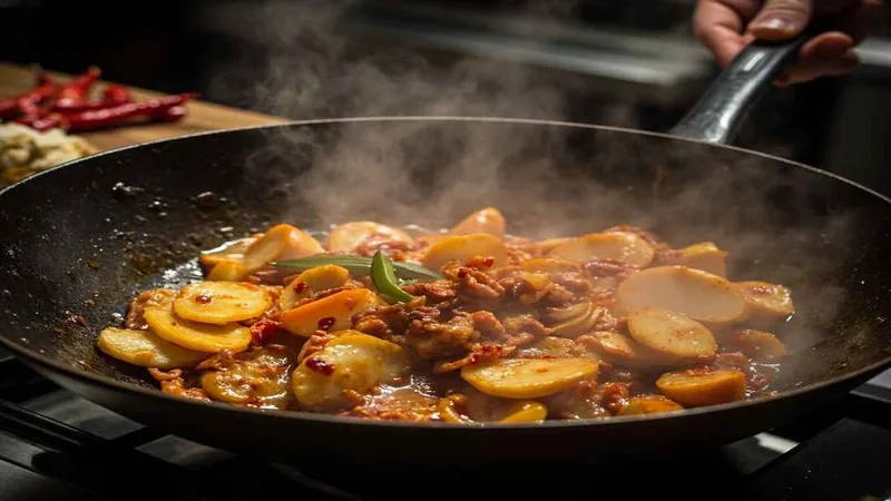 Dry Pot Potato Slices: Sichuan Recipe and Home Cooking Tips 2 Potato slices and pork belly being tossed in a wok
