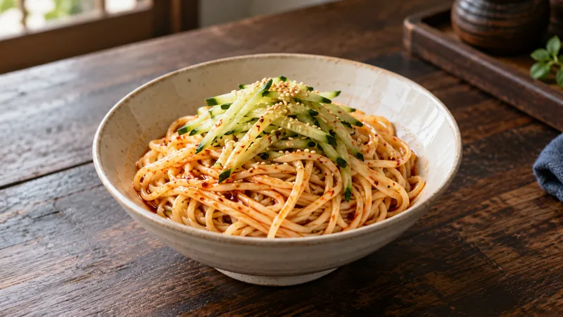Sichuan Cold Noodles Recipe: Sauce, Texture, and Serving Checks 1 Cooked cold noodles lightly coated in chili oil with cucumber strips and sesame in an ivory bowl