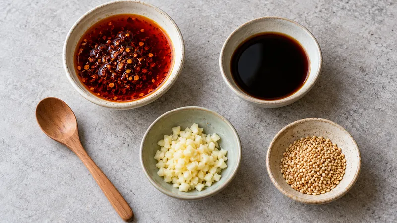 Sichuan Cold Noodles Recipe: Sauce, Texture, and Serving Checks 2 Separate bowls of chili oil, dark vinegar, chopped garlic and sesame seeds beside a wooden spoon