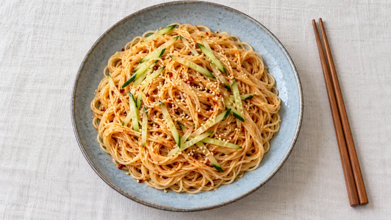 Sichuan Cold Noodles Recipe: Sauce, Texture, and Serving Checks 3 Overhead view of cold noodles with cucumber strips and sesame on a blue-grey plate beside wooden chopsticks