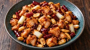 Kung Pao Chicken Recipe Sichuan Style: Heat, Sauce, and Peanut Texture Checks 97 Cooked Kung Pao chicken cubes with roasted peanuts, scallion whites and dried red chilies in a red-brown glaze in a dark teal bowl