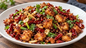 Sichuan Peppercorn Chicken Recipe: Heat, Aroma, and Stir-Fry Steps 93 Dry-style chicken pieces with dried chilies, garlic, scallions and cilantro