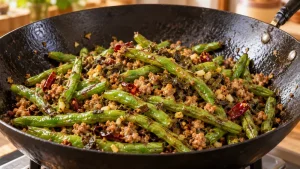 Sichuan Dry Fried Green Beans Recipe: Texture, Heat, and Stir-Fry Steps 89 Cooked green beans with browned ground pork, chopped preserved mustard seasoning, garlic and dried chili in a black wok