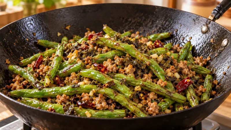 Sichuan Dry Fried Green Beans Recipe: Texture, Heat, and Stir-Fry Steps 3 Cooked green beans with browned ground pork, chopped preserved mustard seasoning, garlic and dried chili in a black wok