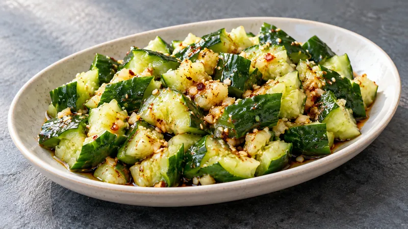 Sichuan Smashed Cucumber Salad Recipe: Texture, Dressing, and Serving Steps 1 Irregular smashed cucumber pieces with chopped garlic, sesame and a light chili-oil dressing in an oval dish