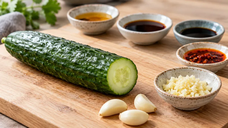 Sichuan Smashed Cucumber Salad Recipe: Texture, Dressing, and Serving Steps 2 English cucumber with peeled and chopped garlic beside separate bowls of sesame oil, soy sauce, vinegar and chili oil