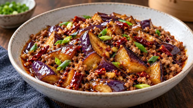 Sichuan Fish Fragrant Eggplant Recipe: Texture and Sauce Timing 1 Chinese eggplant pieces with minced pork, dried chilies and scallions
