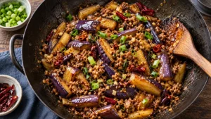 Sichuan Fish Fragrant Eggplant Recipe: Texture and Sauce Timing 81 Fish-fragrant eggplant and minced pork being tossed in a wok