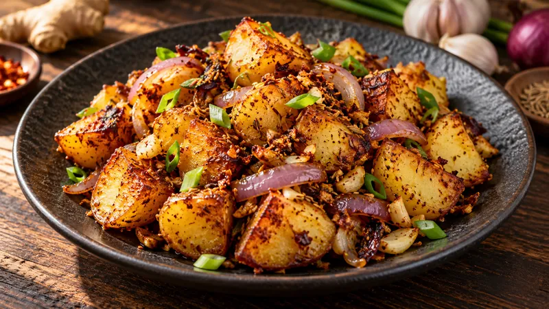 Sichuan Crispy Potatoes: Recipe, Crisp Texture, and Serving Steps 1 Golden potato chunks with red onion, garlic and scallion on a dark plate