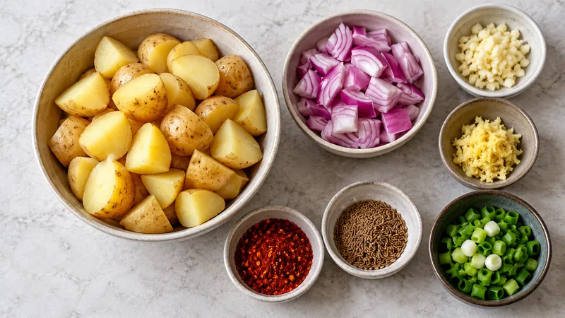 Sichuan Crispy Potatoes: Recipe, Crisp Texture, and Serving Steps 2 Potato chunks and separate bowls of red onion, garlic, ginger, scallion, chili and cumin