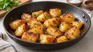Sichuan Crispy Potatoes: Recipe, Crisp Texture, and Serving Steps 77 Golden browned potato chunks with a small green garnish in a shallow skillet