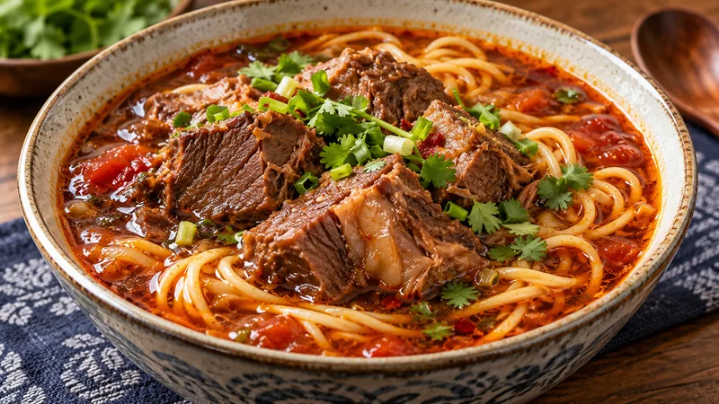 Sichuan Beef Noodle Soup Recipe: Broth, Beef, and Noodle Timing 1 Tender beef chuck chunks over wheat noodles in red-brown bean-paste broth with scallion and coriander