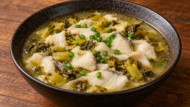 Sichuan Pickled Vegetable Fish Recipe: Broth, Fish, and Sour Heat 1 White fish slices, pickled mustard greens and scallion in pale golden broth in a dark bowl