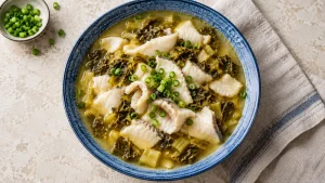 Sichuan Pickled Vegetable Fish Recipe: Broth, Fish, and Sour Heat 65 White fish slices and pickled mustard greens in broth in a blue bowl