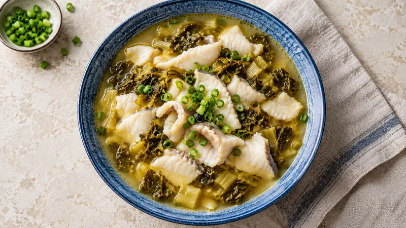 Sichuan Pickled Vegetable Fish Recipe: Broth, Fish, and Sour Heat 2 White fish slices and pickled mustard greens in broth in a blue bowl