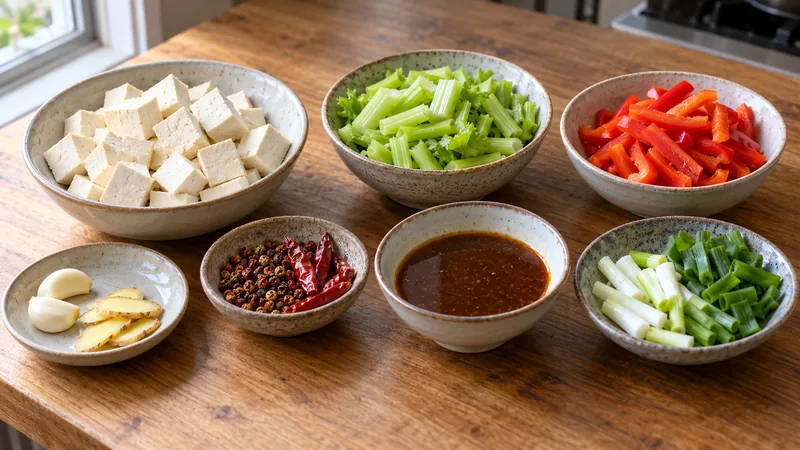 Sichuan Stir Fry Recipe: Sauce Ratio, Heat, and Timing 1 Firm tofu, celery, red bell pepper, garlic, ginger, scallions, dried chilies, Sichuan peppercorns and sauce prepared for a tofu stir-fry variation