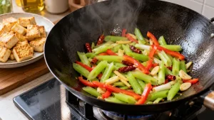 Sichuan Stir Fry Recipe: Sauce Ratio, Heat, and Timing 57 Celery and red bell pepper frying with aromatics while browned tofu waits separately for the sauce stage