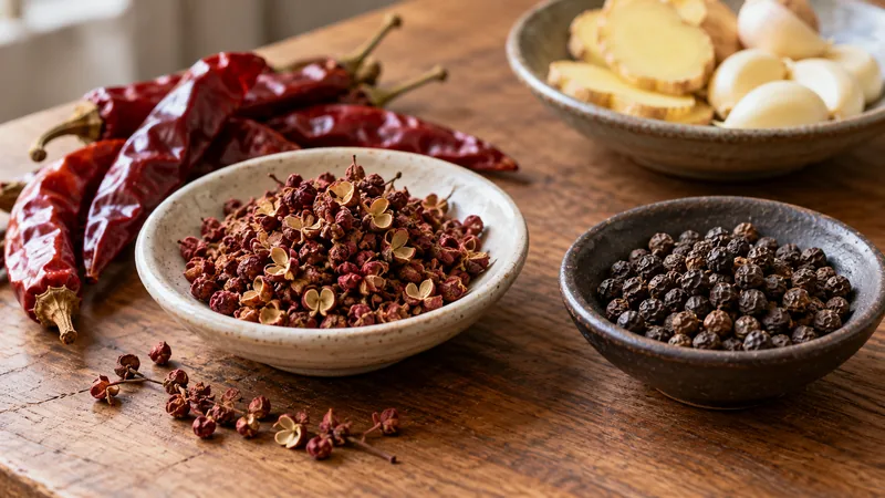Sichuan Stir Fry Recipe: Sauce Ratio, Heat, and Timing 3 Opened Sichuan peppercorn husks and round black peppercorns shown separately beside dried chilies
