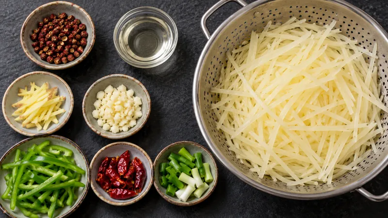 Potato matchsticks with separate peppercorn, vinegar, ginger, garlic, pepper and scallion bowls