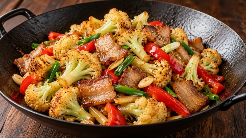 Sichuan Dry Pot Cauliflower Recipe: Wok Heat and Sauce Timing 1 Cauliflower florets with browned pork belly slices, red pepper, garlic and scallion in a wok