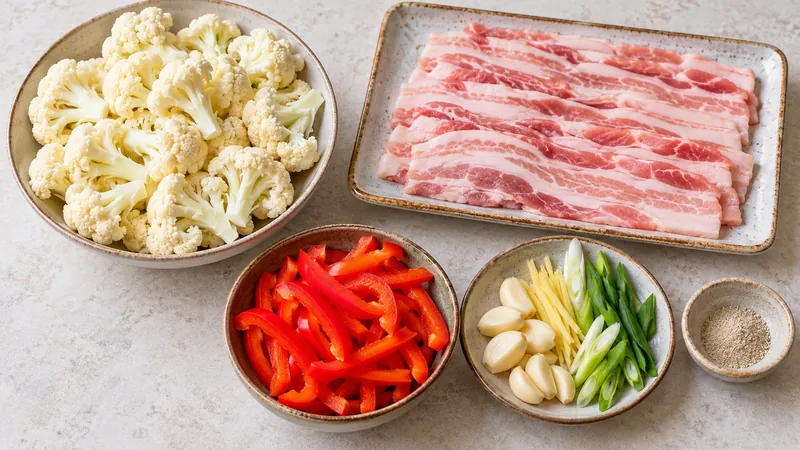 Sichuan Dry Pot Cauliflower Recipe: Wok Heat and Sauce Timing 2 Cauliflower and separate raw pork belly, red pepper, garlic, ginger, scallion and white pepper
