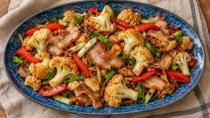 Sichuan Dry Pot Cauliflower Recipe: Wok Heat and Sauce Timing 49 Cauliflower, browned pork belly, red pepper and scallion on a blue platter