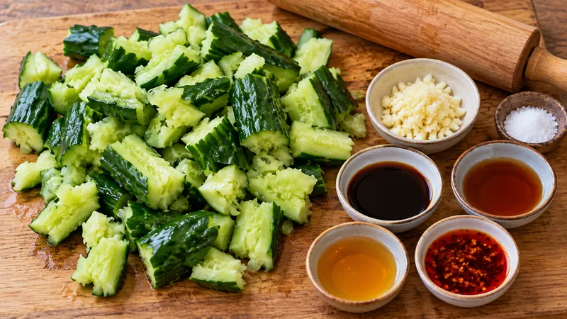 Sichuan Cucumber Salad Recipe: Garlic Chili and Texture 1 Smashed cucumber pieces with fresh garlic, salt, soy sauce, black rice vinegar, sesame oil and chili oil