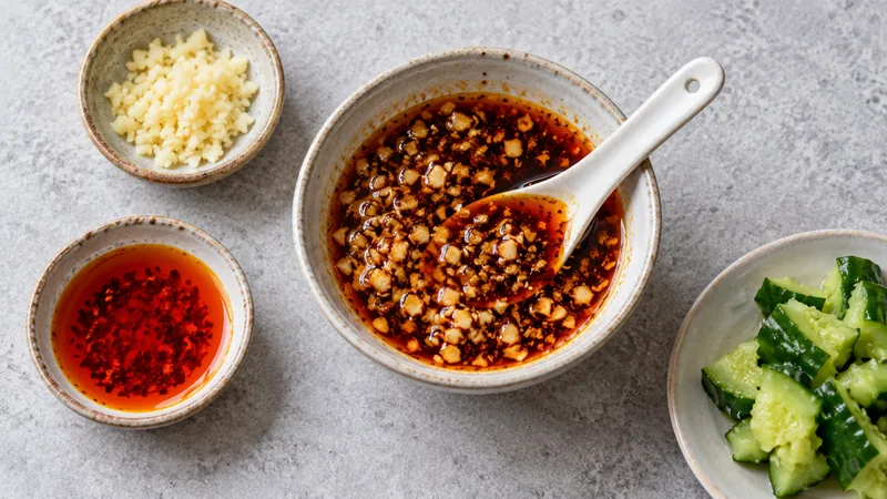 Sichuan Cucumber Salad Recipe: Garlic Chili and Texture 2 Garlic chili dressing in a ceramic bowl with a spoon, beside chopped garlic, chili oil and smashed cucumber pieces