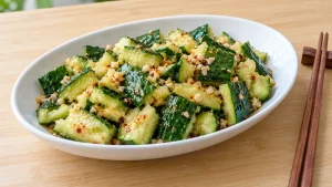 Sichuan Cucumber Salad Recipe: Garlic Chili and Texture 45 Irregular smashed cucumber pieces lightly dressed with garlic and chili oil on a white oval serving dish