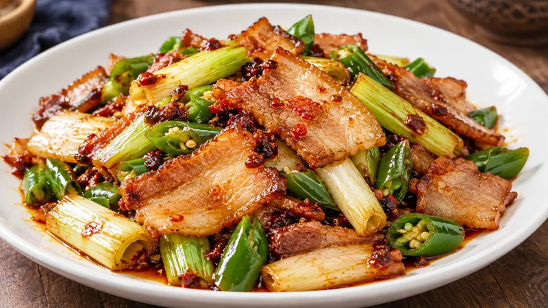 Sichuan Twice Cooked Pork Recipe: Aromatics, Heat, and Texture 1 Thin twice-cooked pork belly slices with leek and green pepper