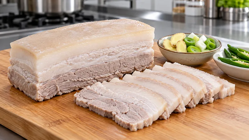 Sichuan Twice Cooked Pork Recipe: Aromatics, Heat, and Texture 2 Cooked pork belly block and thin layered slices on a clean board