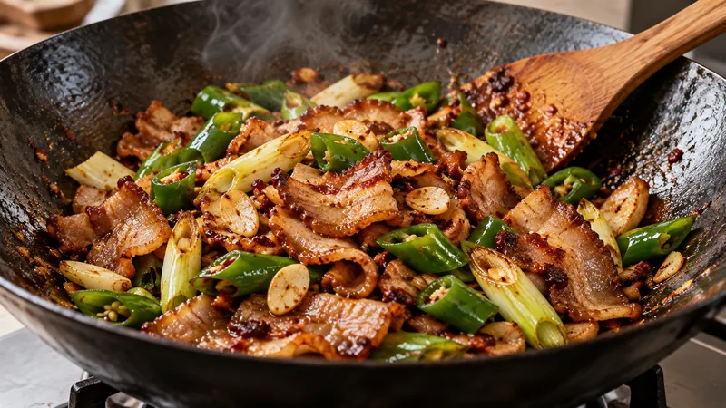 Sichuan Twice Cooked Pork Recipe: Aromatics, Heat, and Texture 3 Twice-cooked pork belly with chili bean paste, leek and green pepper