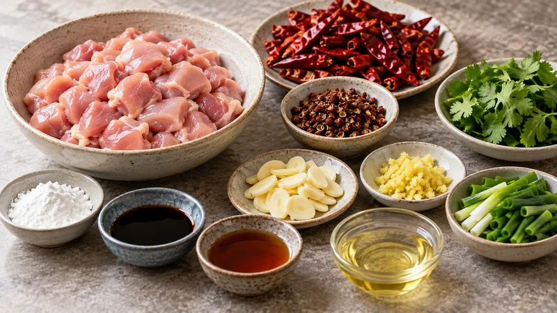 Sichuan Fried Chicken Recipe: Method, Timing, and Failure Points 1 Boneless chicken cubes and dried chili, peppercorn, ginger and garlic ingredients
