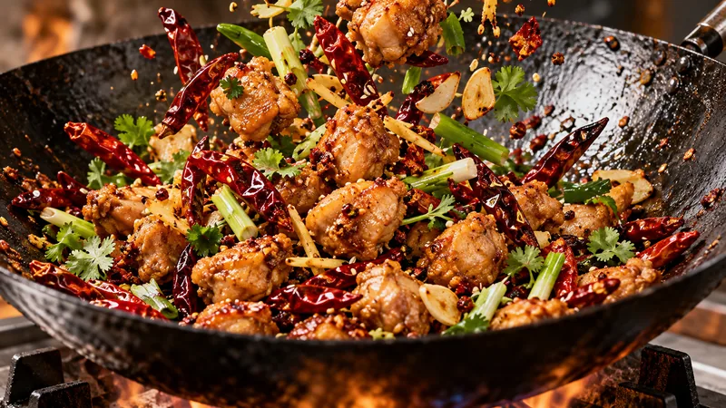 Sichuan Fried Chicken Recipe: Method, Timing, and Failure Points 2 Dry-style chili chicken being tossed with aromatics in a wok